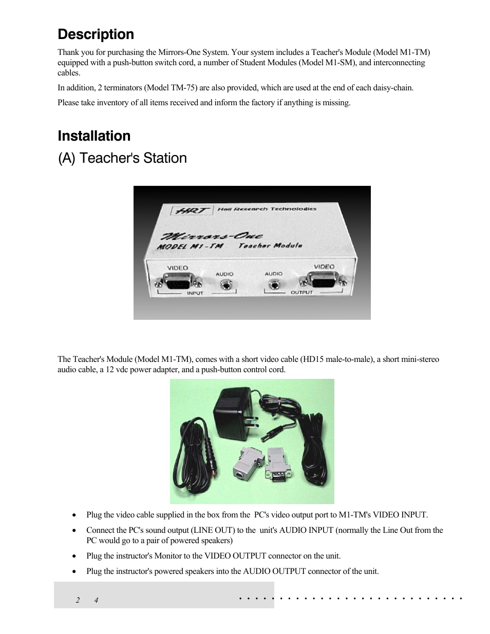 Description, Installation (a) teacher's station | Hall Research M1-TM User Manual | Page 2 / 4