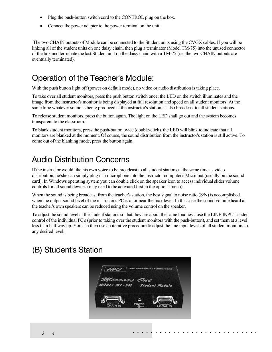 Operation of the teacher's module, Audio distribution concerns, B) student's station | Hall Research M1-TM User Manual | Page 3 / 4