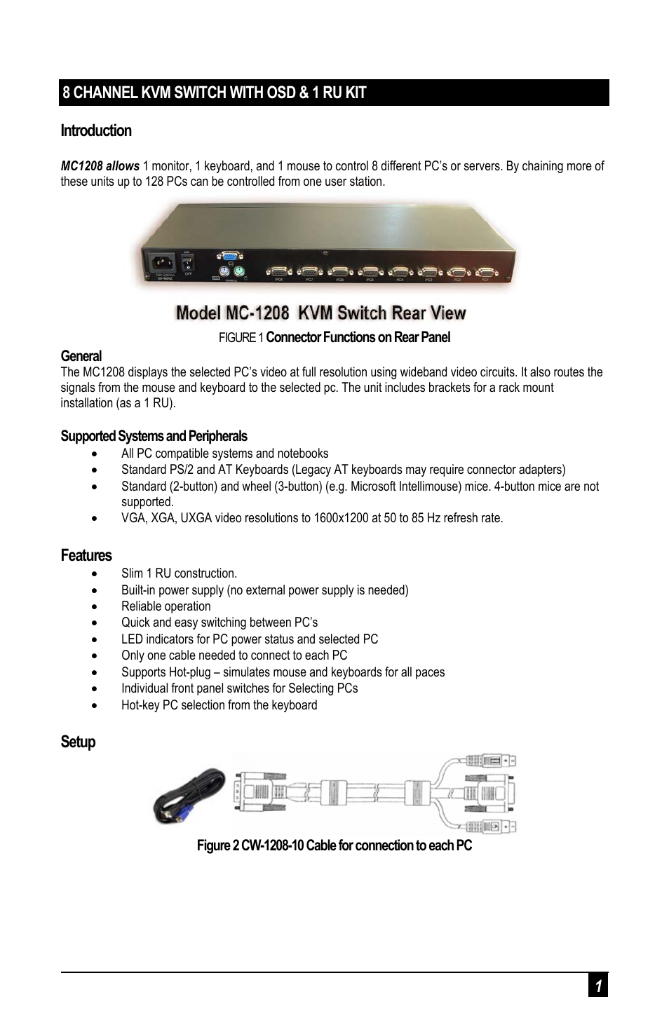 Features, Setup | Hall Research MC1208 User Manual | Page 3 / 8