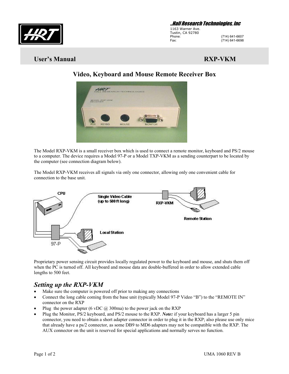 Hall Research RXP-VKM User Manual | 2 pages