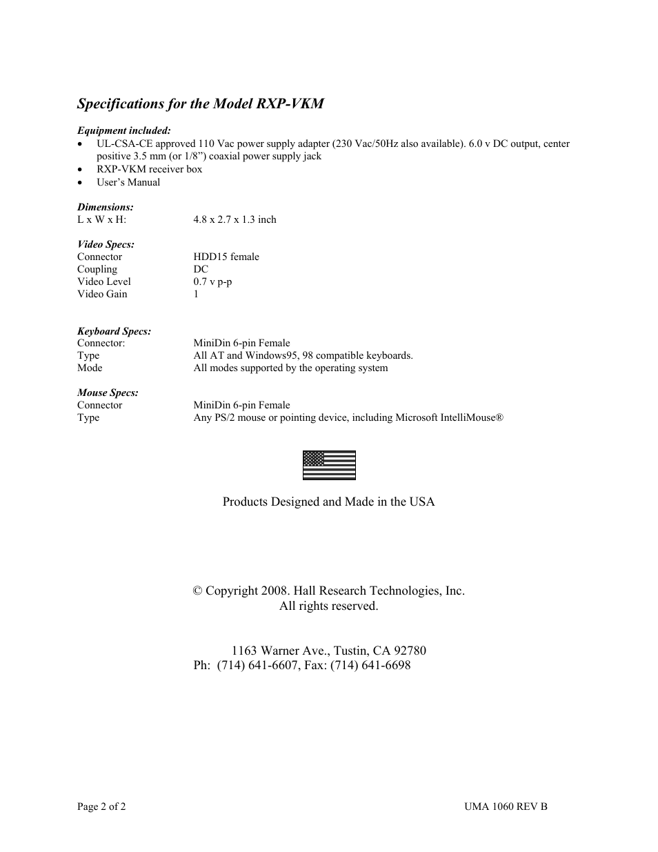 Specifications for the model rxp-vkm | Hall Research RXP-VKM User Manual | Page 2 / 2