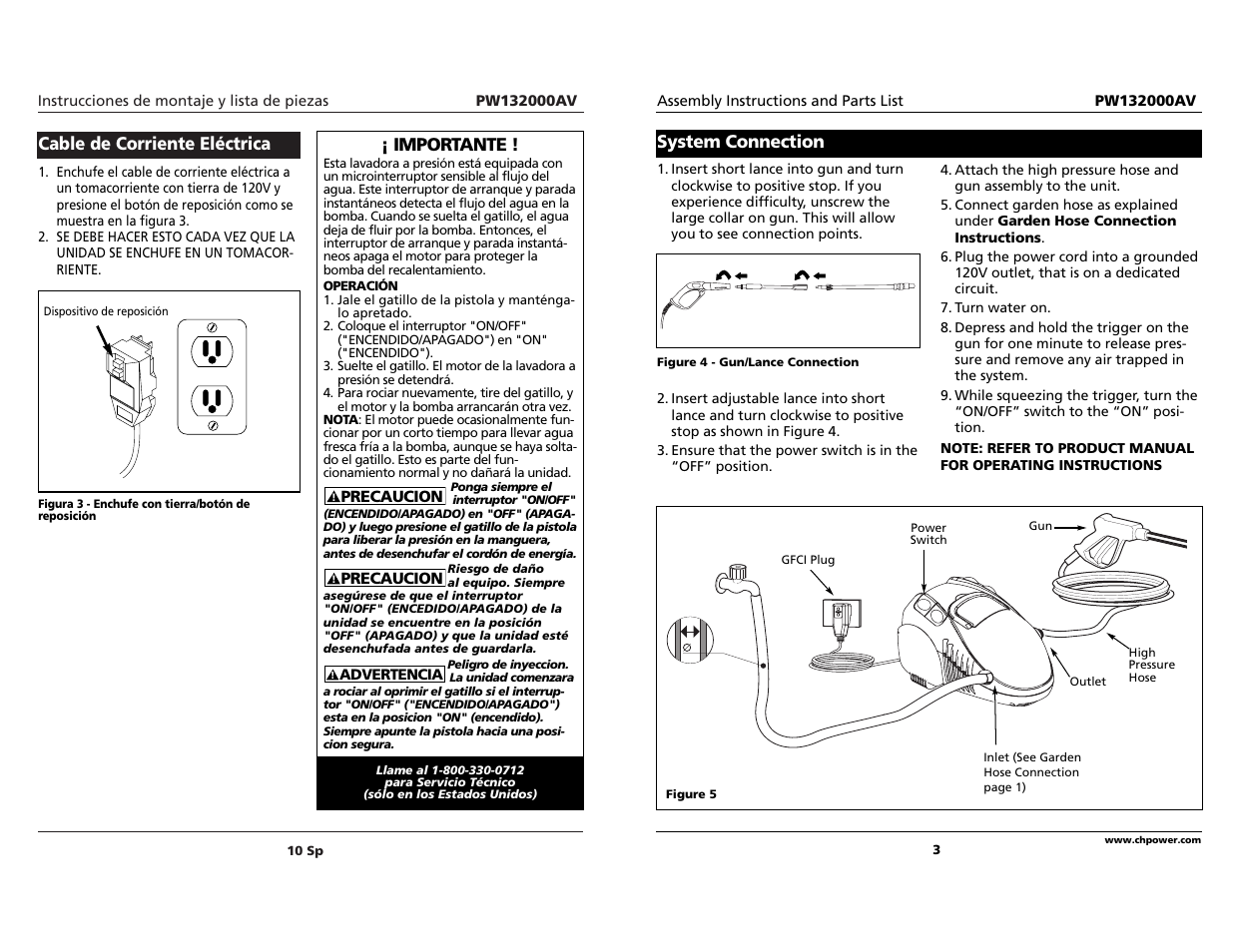 Cable de corriente eléctrica, System connection, Importante | Campbell Hausfeld PW132000AV User Manual | Page 10 / 12