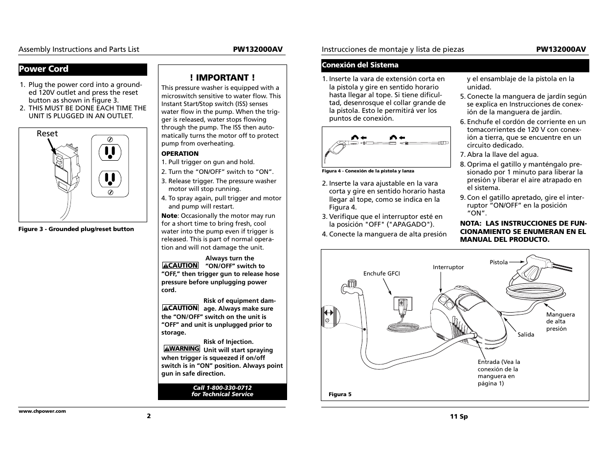 Power cord, Important | Campbell Hausfeld PW132000AV User Manual | Page 11 / 12