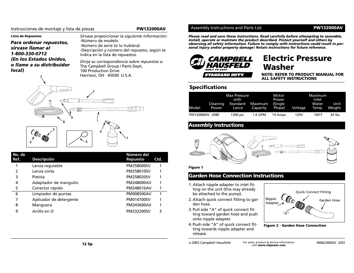 Electric pressure washer, Garden hose connection instructions, Specifications | Assembly instructions | Campbell Hausfeld PW132000AV User Manual | Page 12 / 12