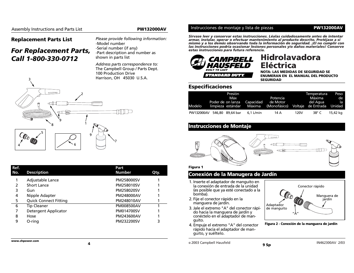 Hidrolavadora eléctrica, Conexión de la manugera de jardín especificaciones, Instrucciones de montaje | Replacement parts list | Campbell Hausfeld PW132000AV User Manual | Page 4 / 12