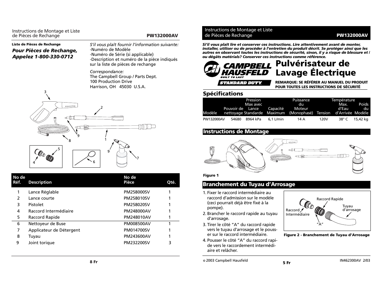 Pulvérisateur de lavage électrique, Spécifications | Campbell Hausfeld PW132000AV User Manual | Page 8 / 12