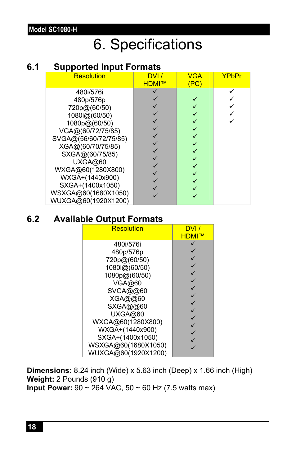 Specifications, 1 supported input formats, 2 available output formats | Hall Research SC-1080H User Manual | Page 20 / 24