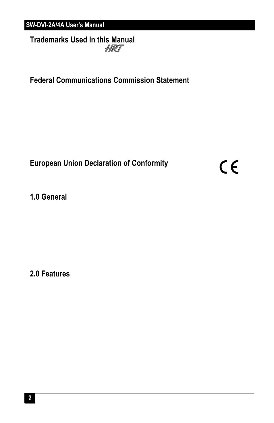 Trademarks used in this manual, Federal communications commission statement, European union declaration of conformity | 0 general, 0 features | Hall Research SW-DVI-4A User Manual | Page 2 / 4