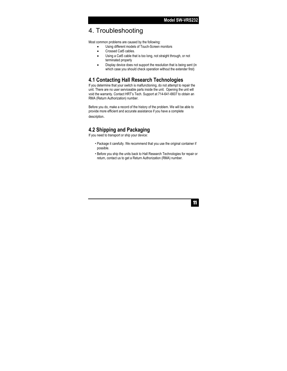 Troubleshooting, 1 contacting hall research technologies, 2 shipping and packaging | Hall Research SW-VRS232-2S User Manual | Page 13 / 16