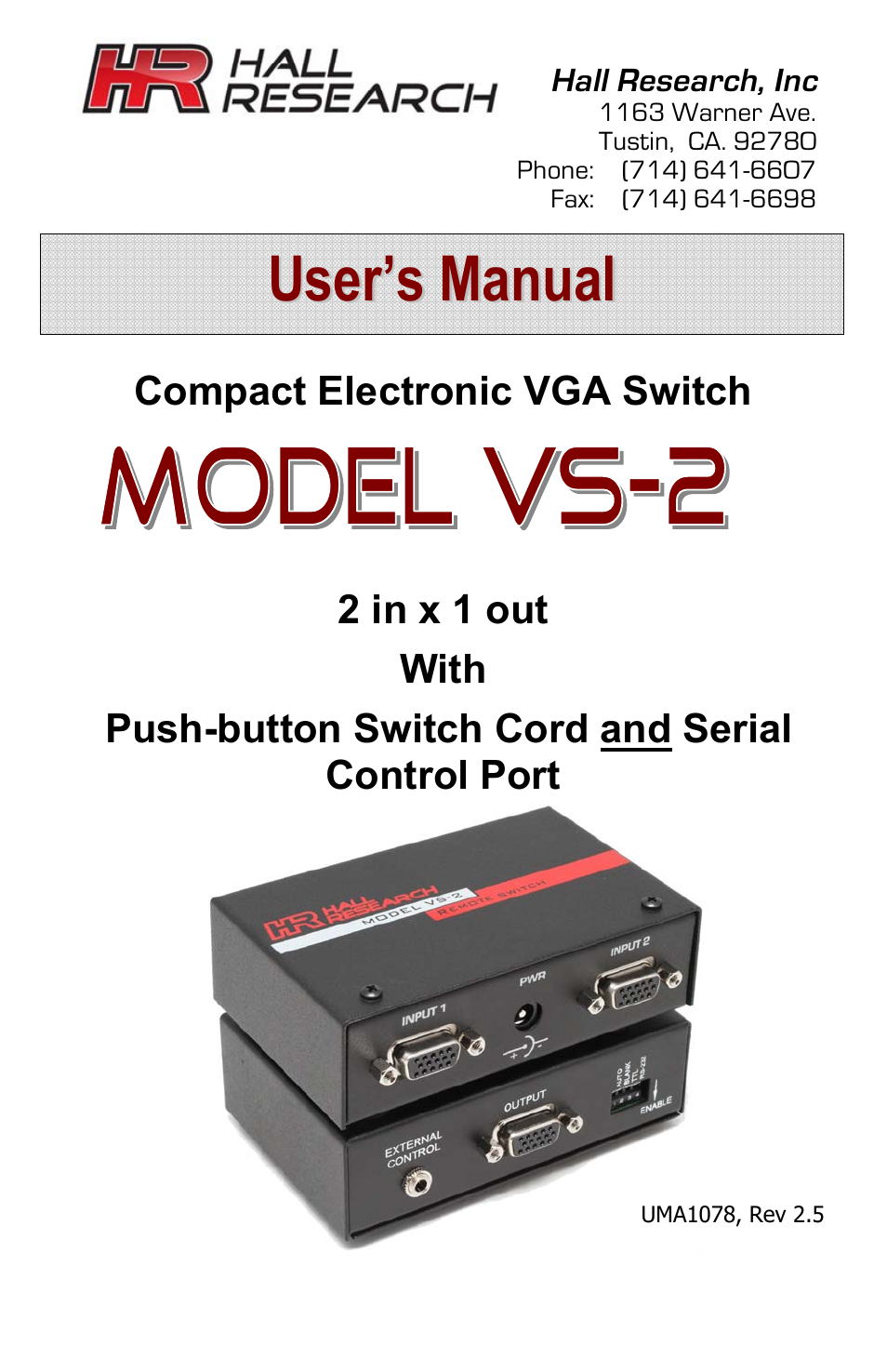 Hall Research VS-2 User Manual | 12 pages