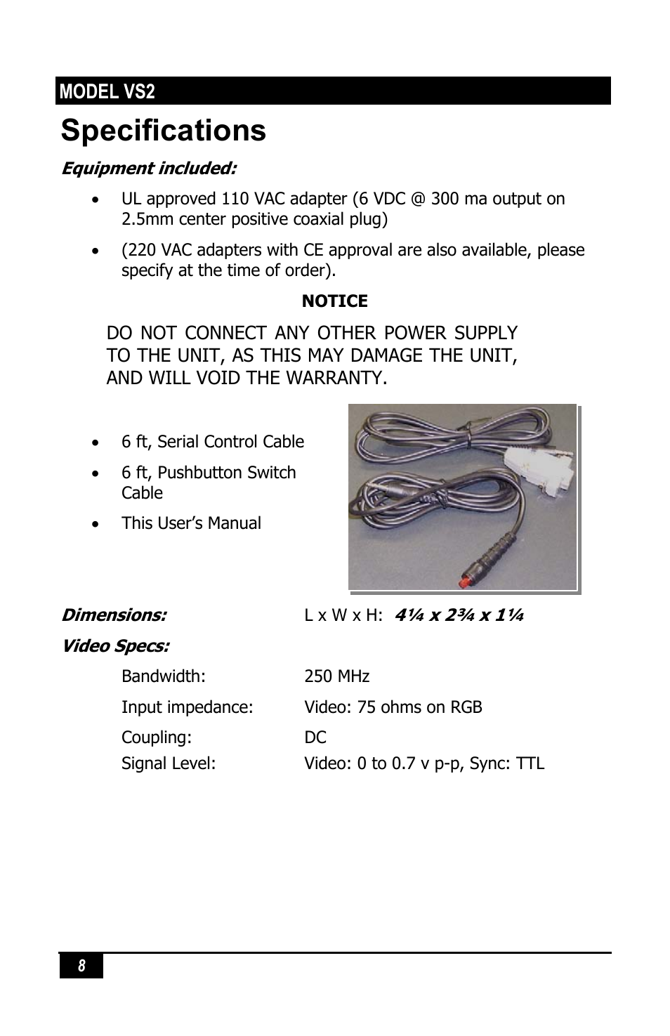 Specifications | Hall Research VS-2 User Manual | Page 10 / 12