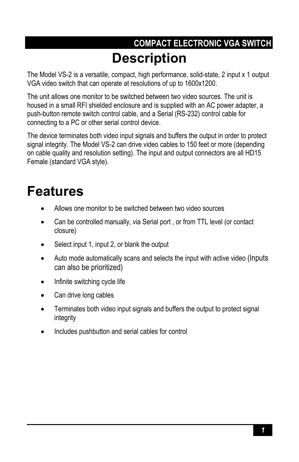 Description, Features | Hall Research VS-2 User Manual | Page 3 / 12