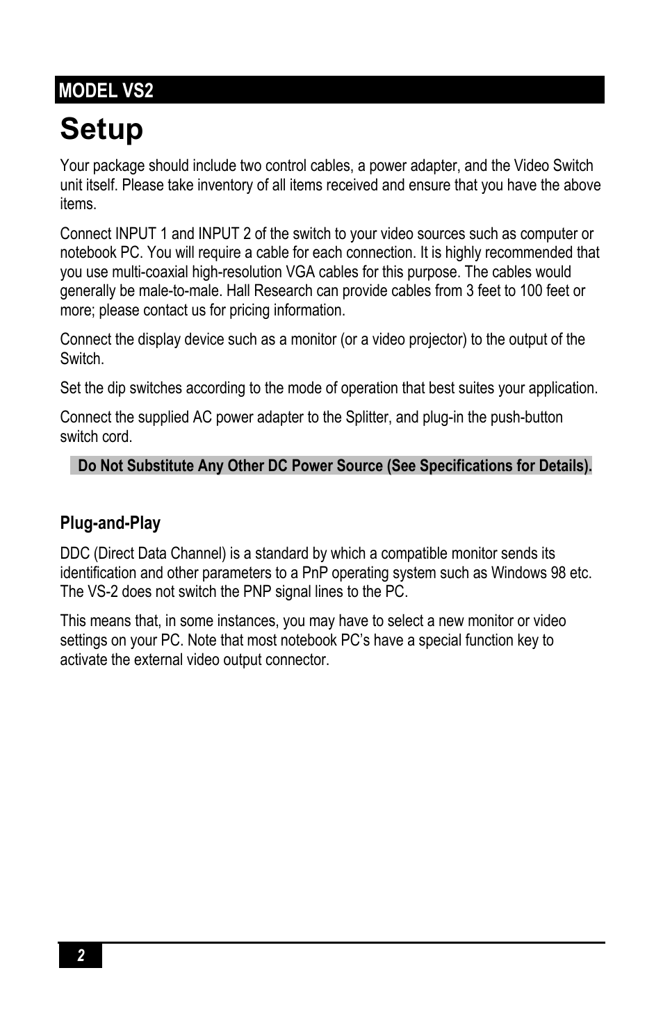 Setup, Model vs2 | Hall Research VS-2 User Manual | Page 4 / 12