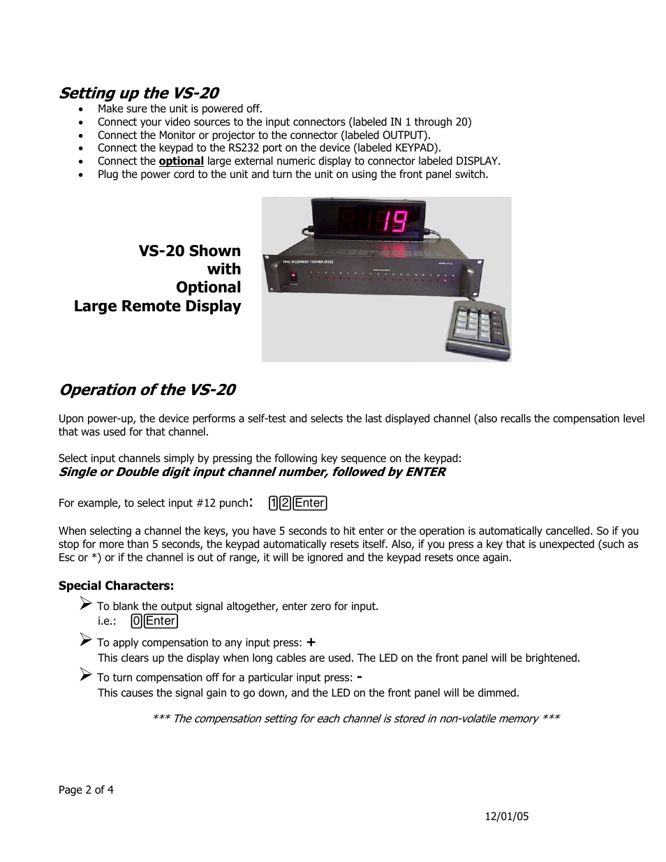 Setting up the vs-20, Operation of the vs-20, Vs-20 shown with optional large remote display | Hall Research VS-20 User Manual | Page 2 / 4