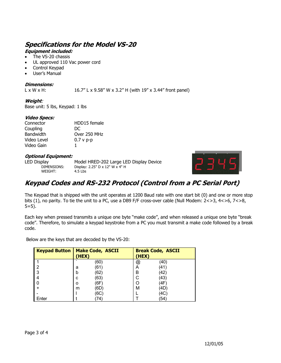 Specifications for the model vs-20 | Hall Research VS-20 User Manual | Page 3 / 4
