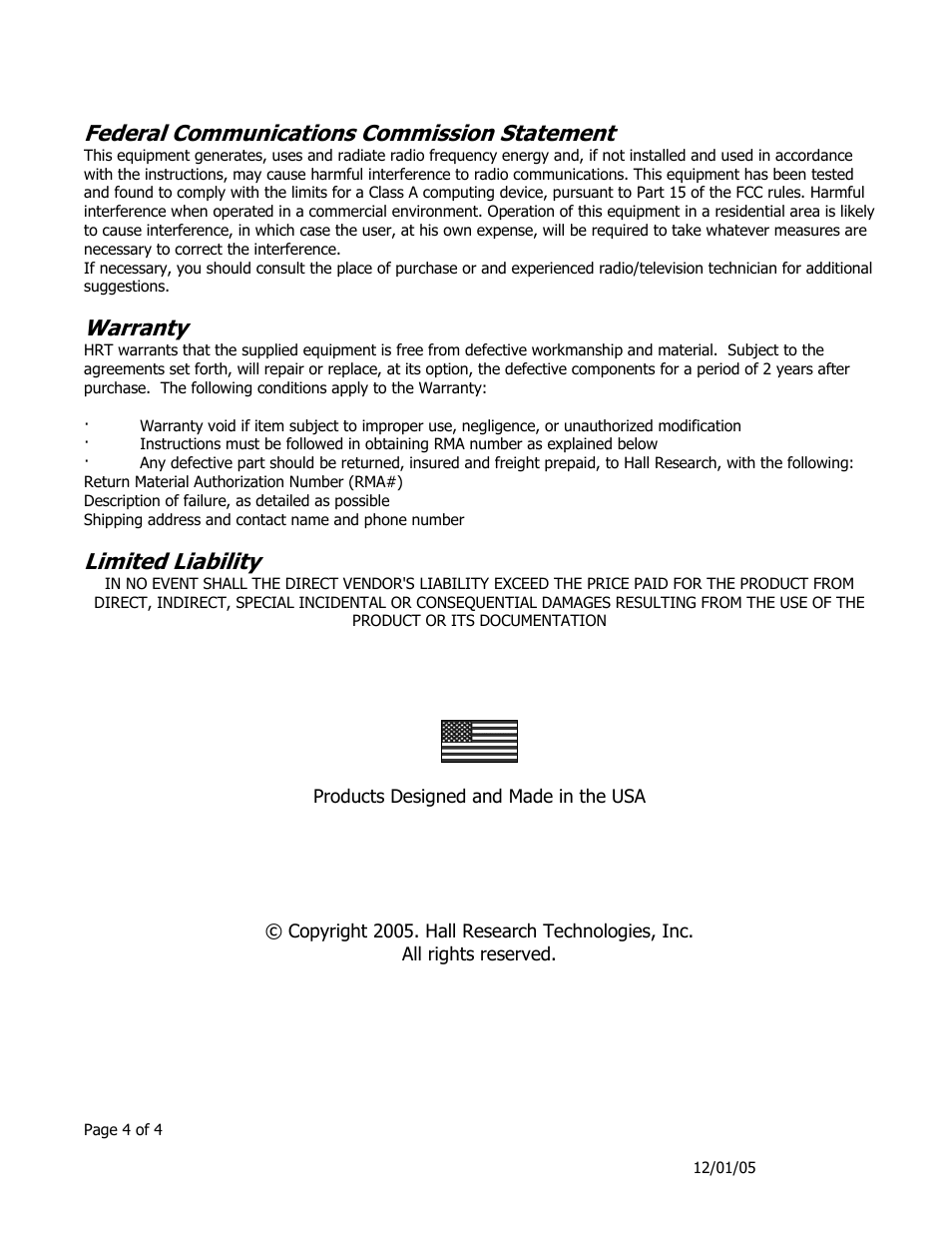 Ifederal communicat ons commission statement, Warranty, Limited liability | Hall Research VS-20 User Manual | Page 4 / 4