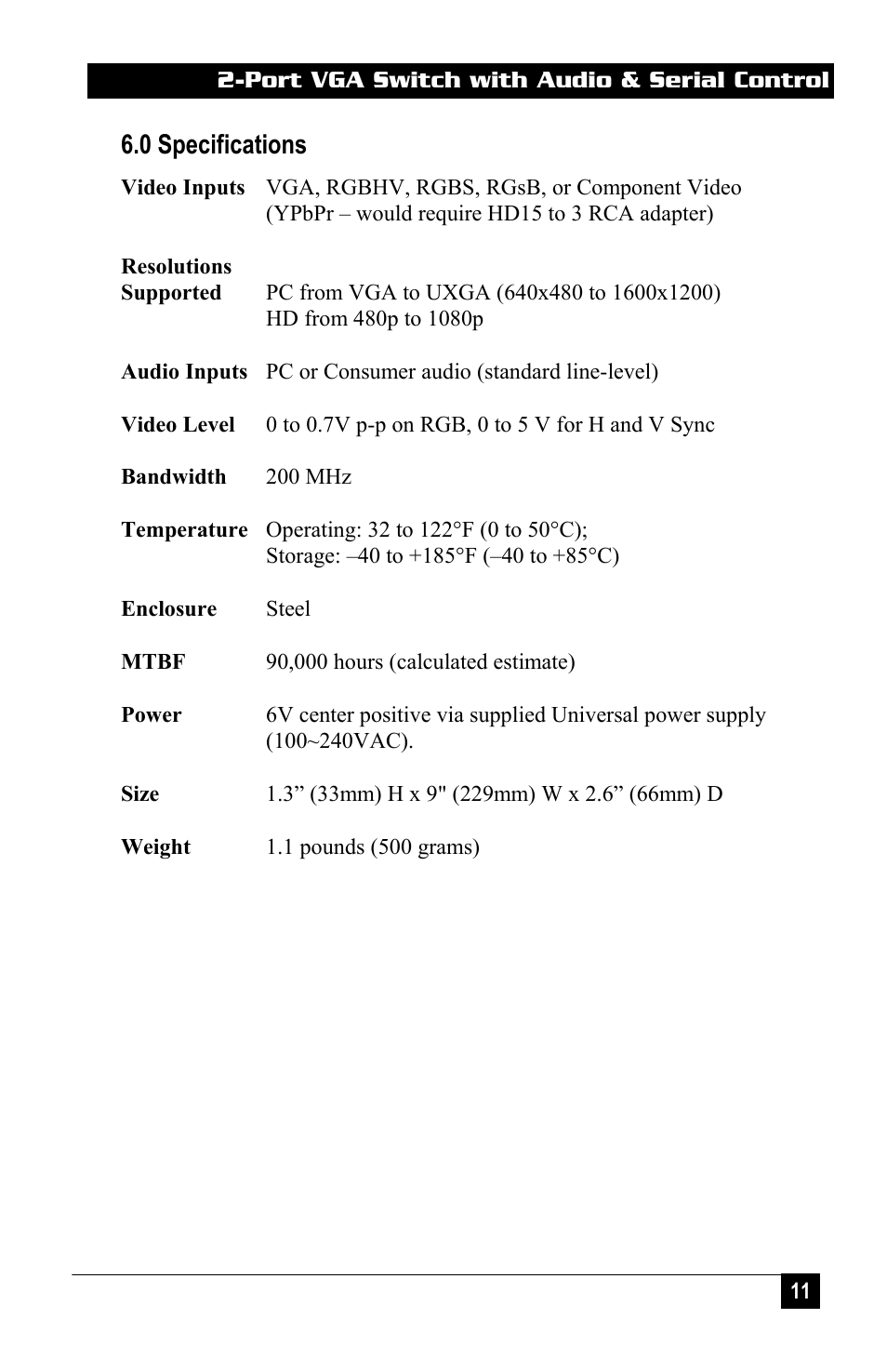 0 specifications | Hall Research VS-2A User Manual | Page 13 / 16