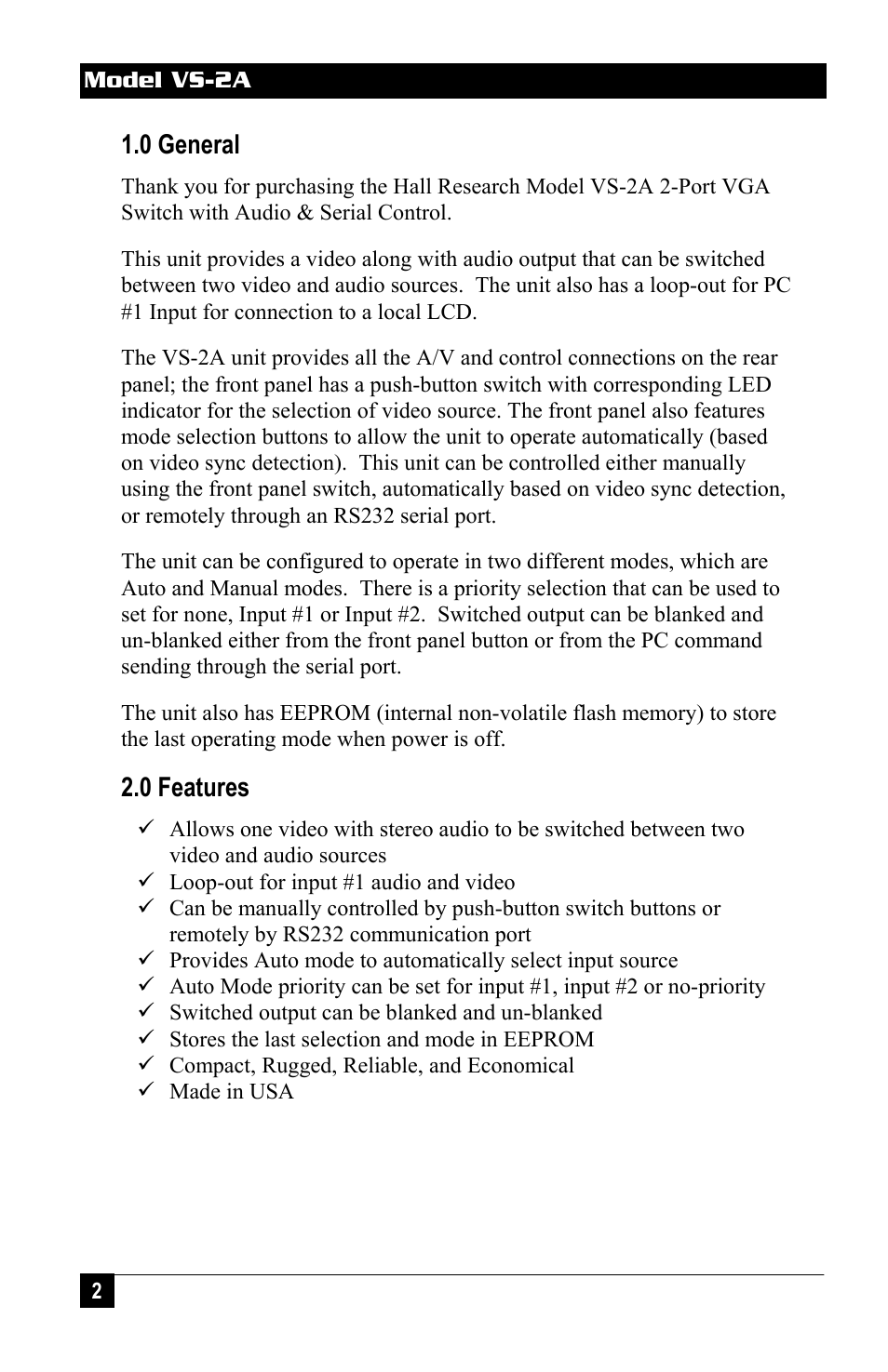 0 general, 0 features | Hall Research VS-2A User Manual | Page 4 / 16
