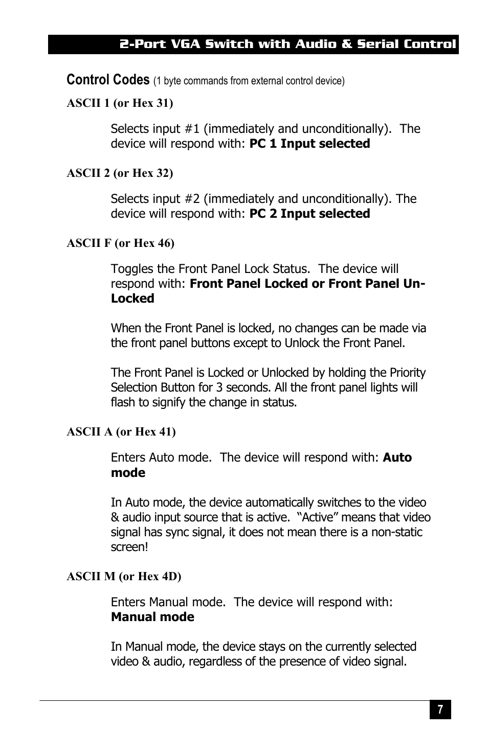 Control codes | Hall Research VS-2A User Manual | Page 9 / 16