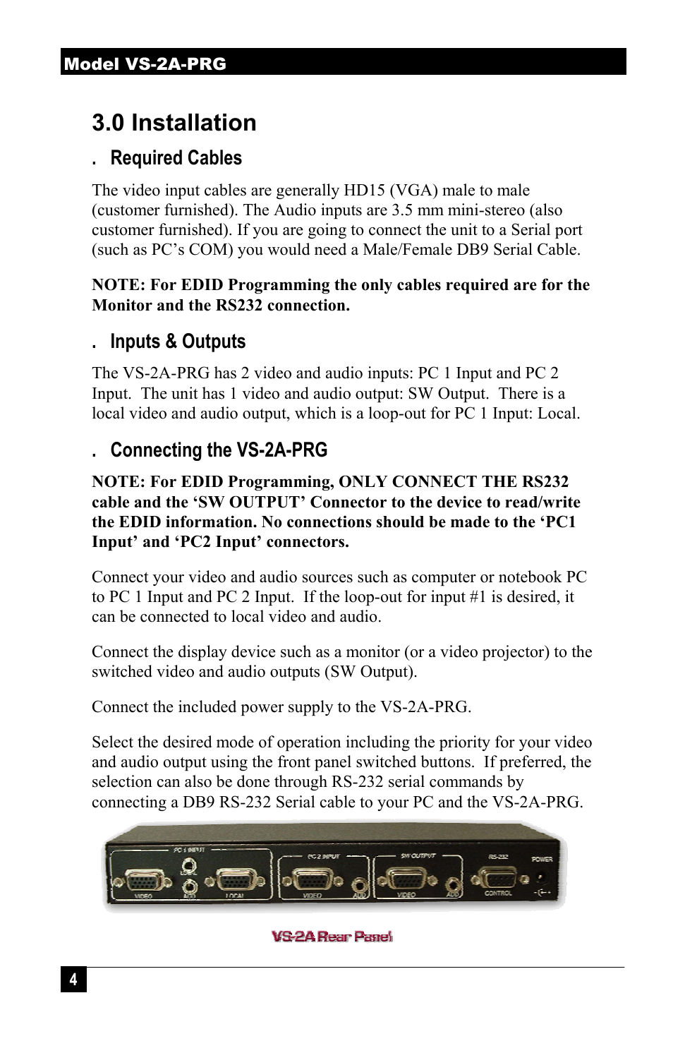 0 installation | Hall Research VS-2A-PRG User Manual | Page 6 / 20