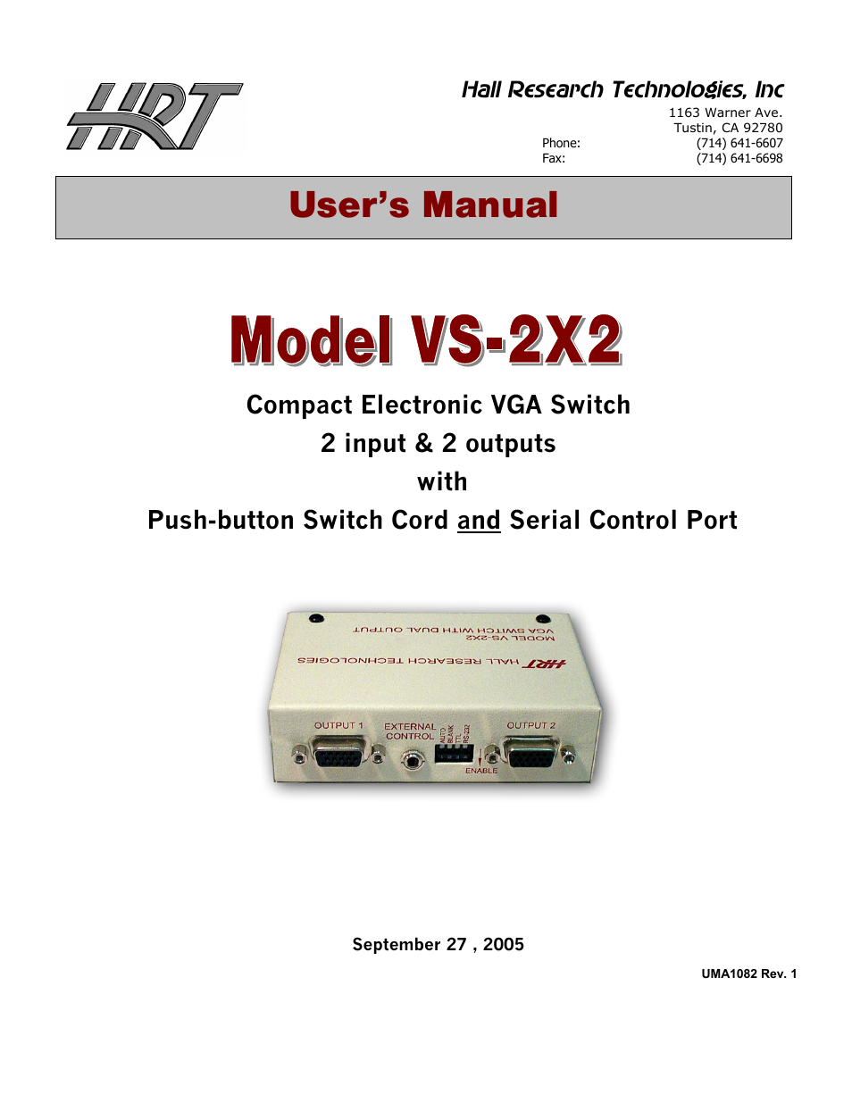 Hall Research VS-2X2 User Manual | 8 pages