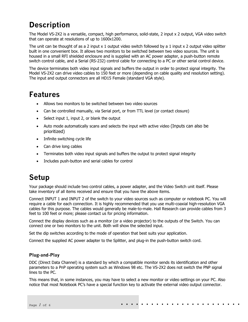 Description, Features, Setup | Hall Research VS-2X2 User Manual | Page 2 / 8