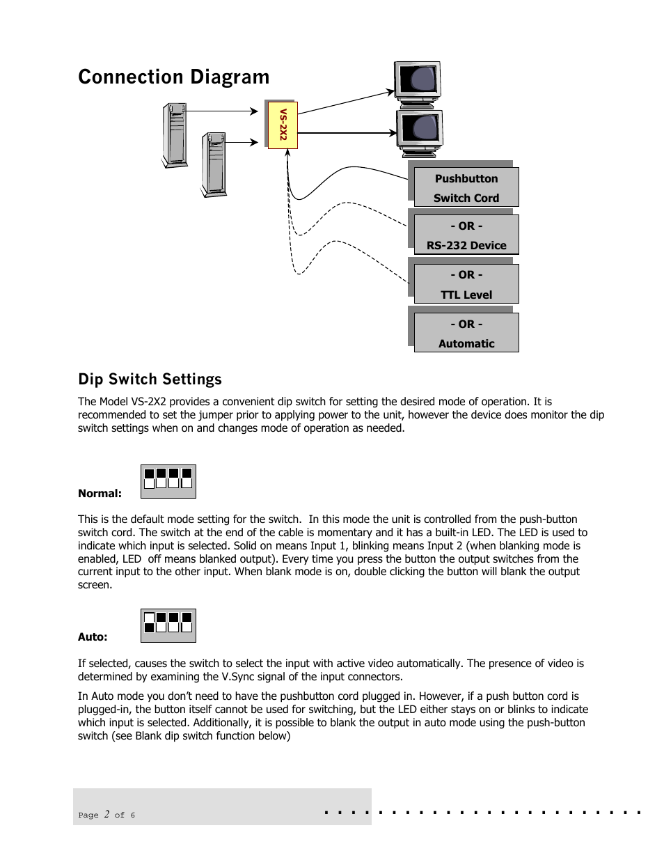 Connection diagram, Dip switch settings | Hall Research VS-2X2 User Manual | Page 3 / 8