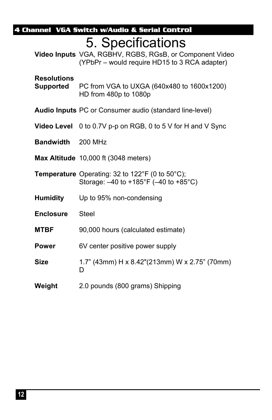 Specifications | Hall Research VS-4A User Manual | Page 14 / 16