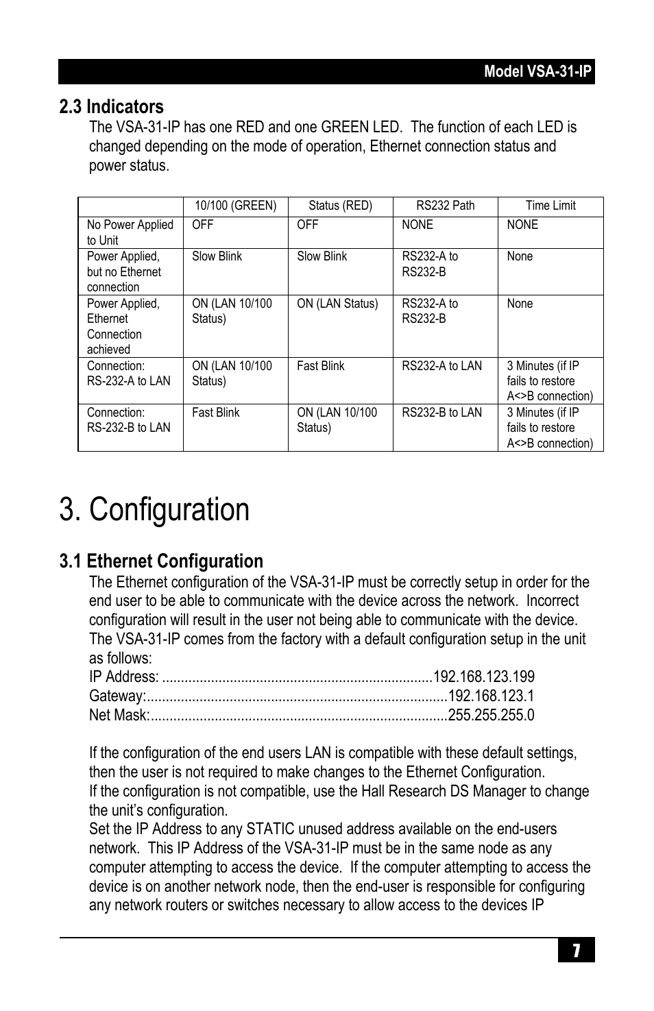 Configuration, 3 indicators, 1 ethernet configuration | Hall Research VSA-31-IP User Manual | Page 9 / 24