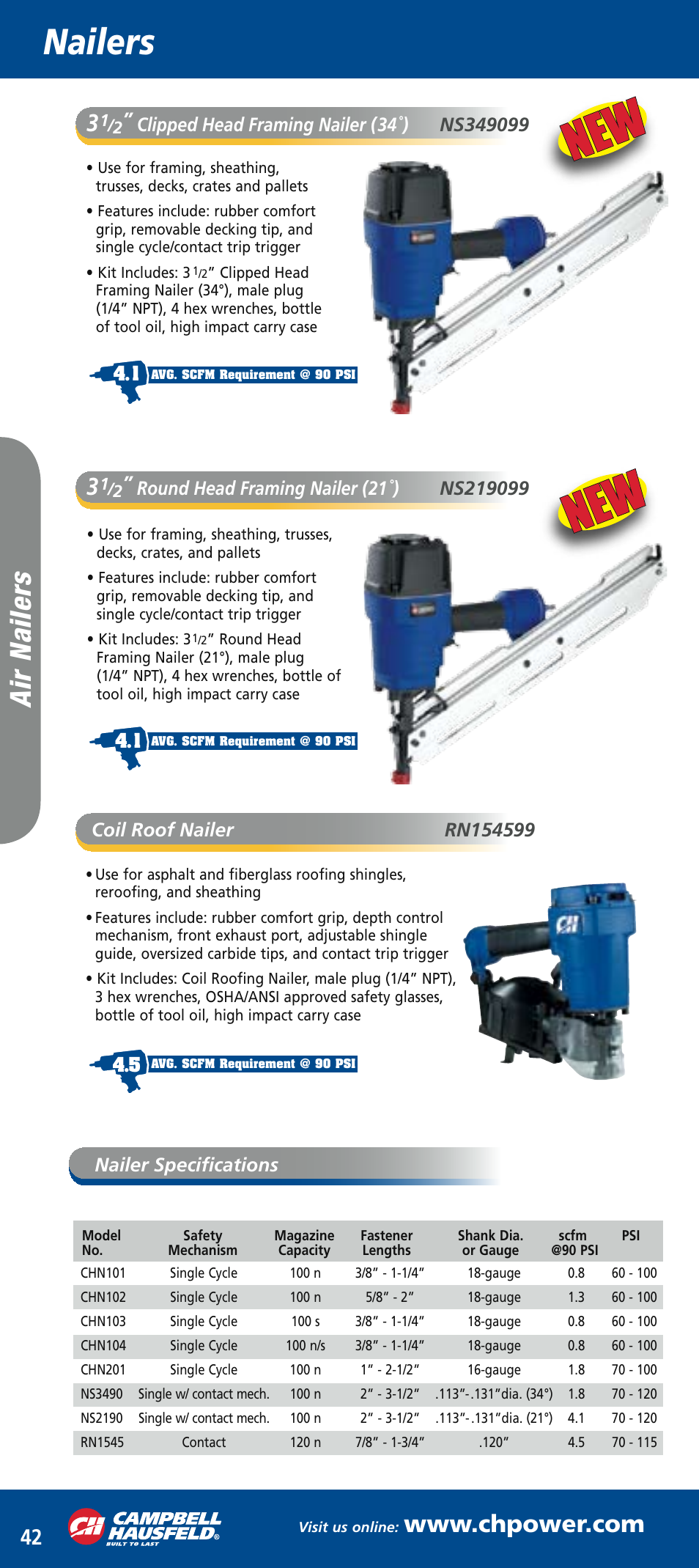 Ch mini catalog_mar2006 44.pdf, Nailers, Ai r n ai le rs | Nailer specifications | Campbell Hausfeld CHN10199 User Manual | Page 3 / 4