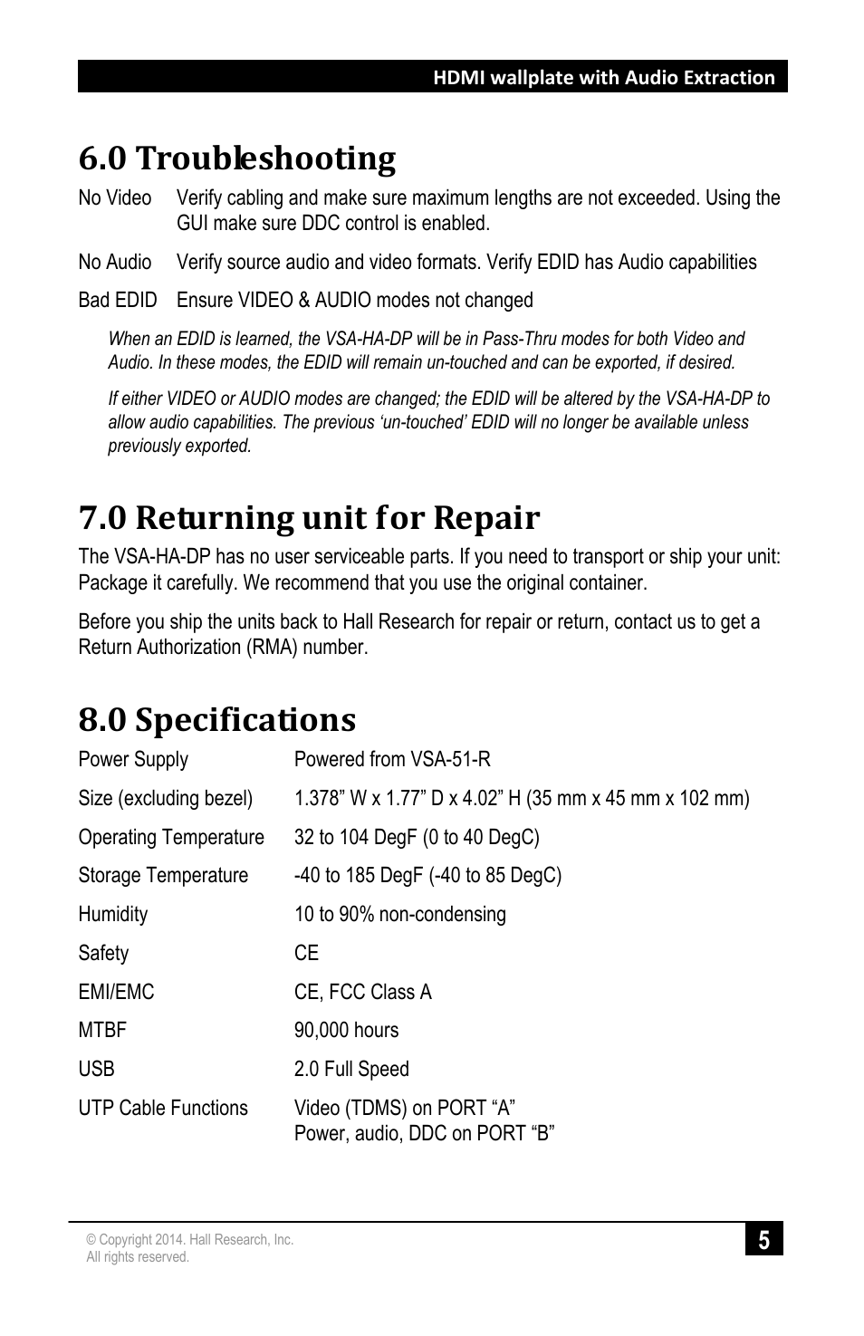 0 troubleshooting, 0 returning unit for repair, 0 specifications | Troubleshooting, Returning unit for repair, Specifications | Hall Research VSA-HA-DP User Manual | Page 7 / 8