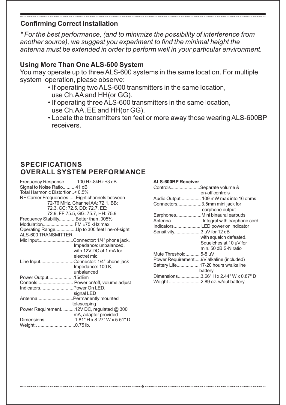 Specifications overall system performance | Hamilton Buhl ALS-600 User Manual | Page 5 / 6