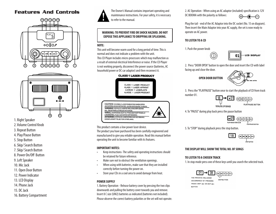 Features and controls | Hamilton Buhl KIDS-CD20 User Manual | Page 2 / 2