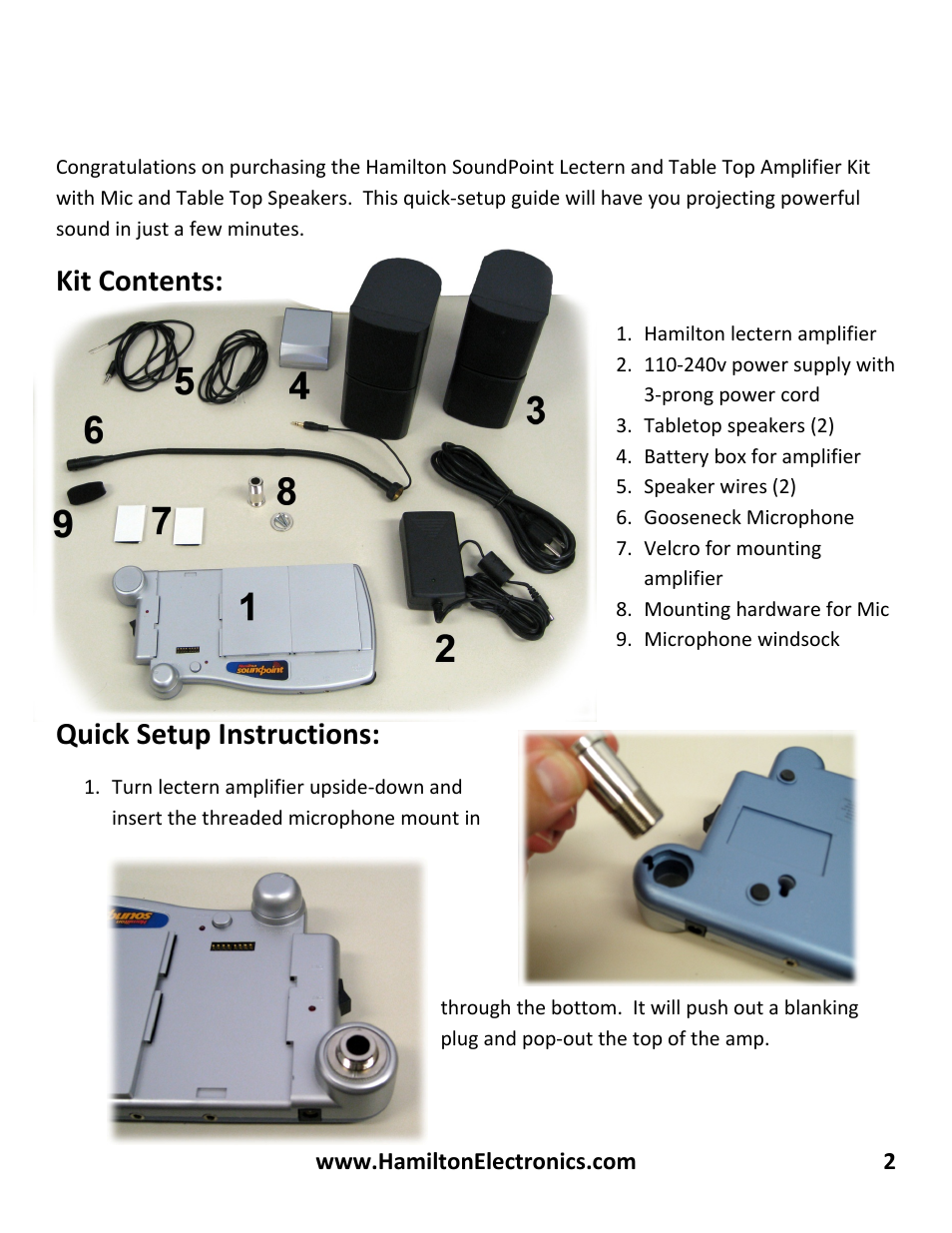 Kit contents, Quick setup instructions | Hamilton Buhl SL-900 Series User Manual | Page 2 / 6