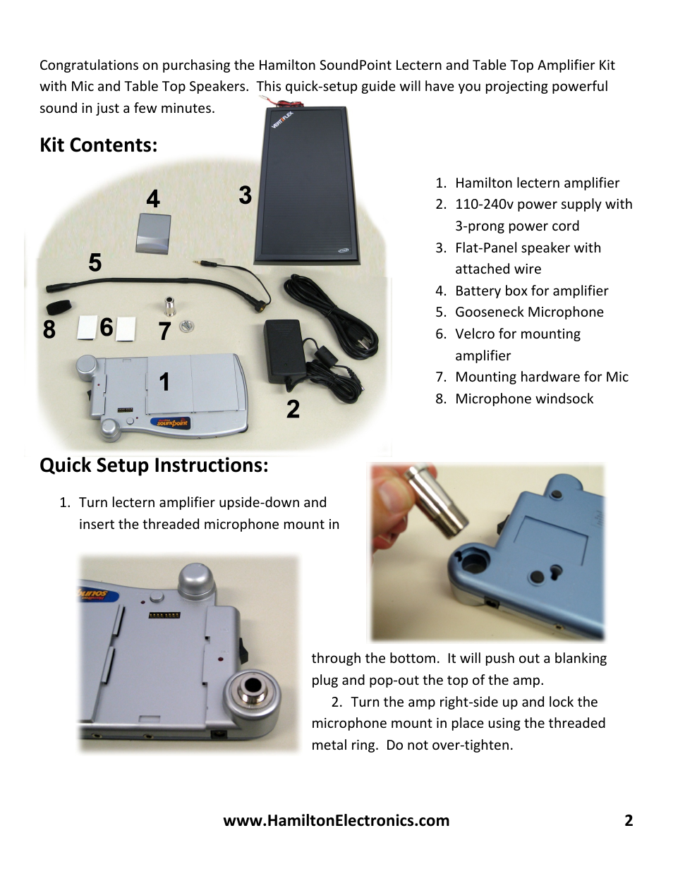 Kit contents, Quick setup instructions | Hamilton Buhl SL-930 User Manual | Page 2 / 6
