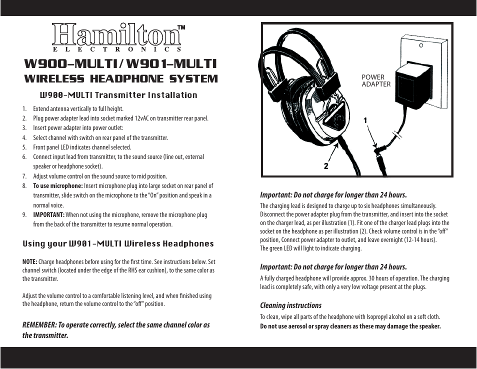 Wireless headphone system | Hamilton Buhl W900 Series User Manual | Page 2 / 2