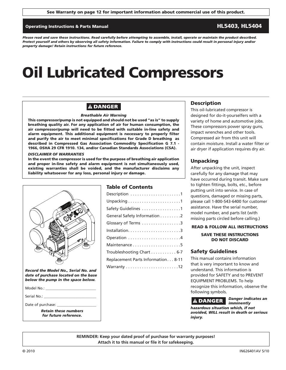 Campbell Hausfeld Oil-Lubricated Compressor HL5403 User Manual | 36 pages