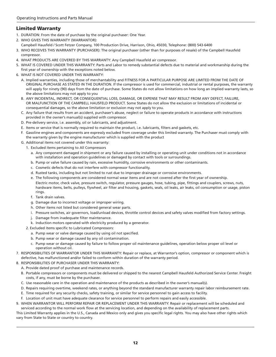 Limited warranty | Campbell Hausfeld Oil-Lubricated Compressor HL5403 User Manual | Page 12 / 36