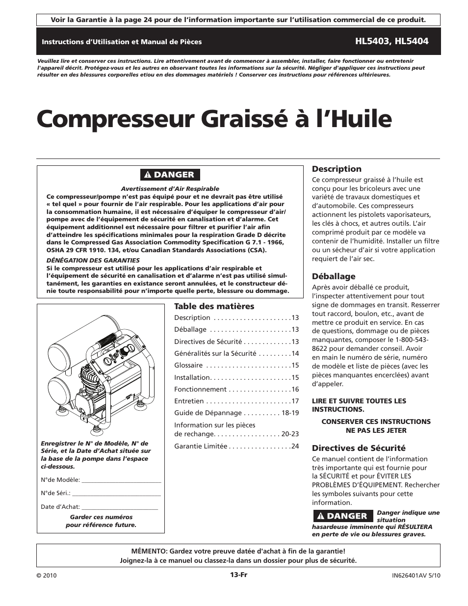 Compresseur graissé à l’huile | Campbell Hausfeld Oil-Lubricated Compressor HL5403 User Manual | Page 13 / 36