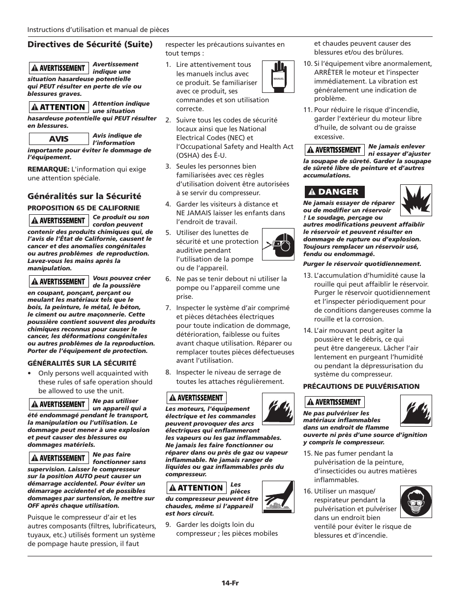 Généralités sur la sécurité, Directives de sécurité (suite) | Campbell Hausfeld Oil-Lubricated Compressor HL5403 User Manual | Page 14 / 36