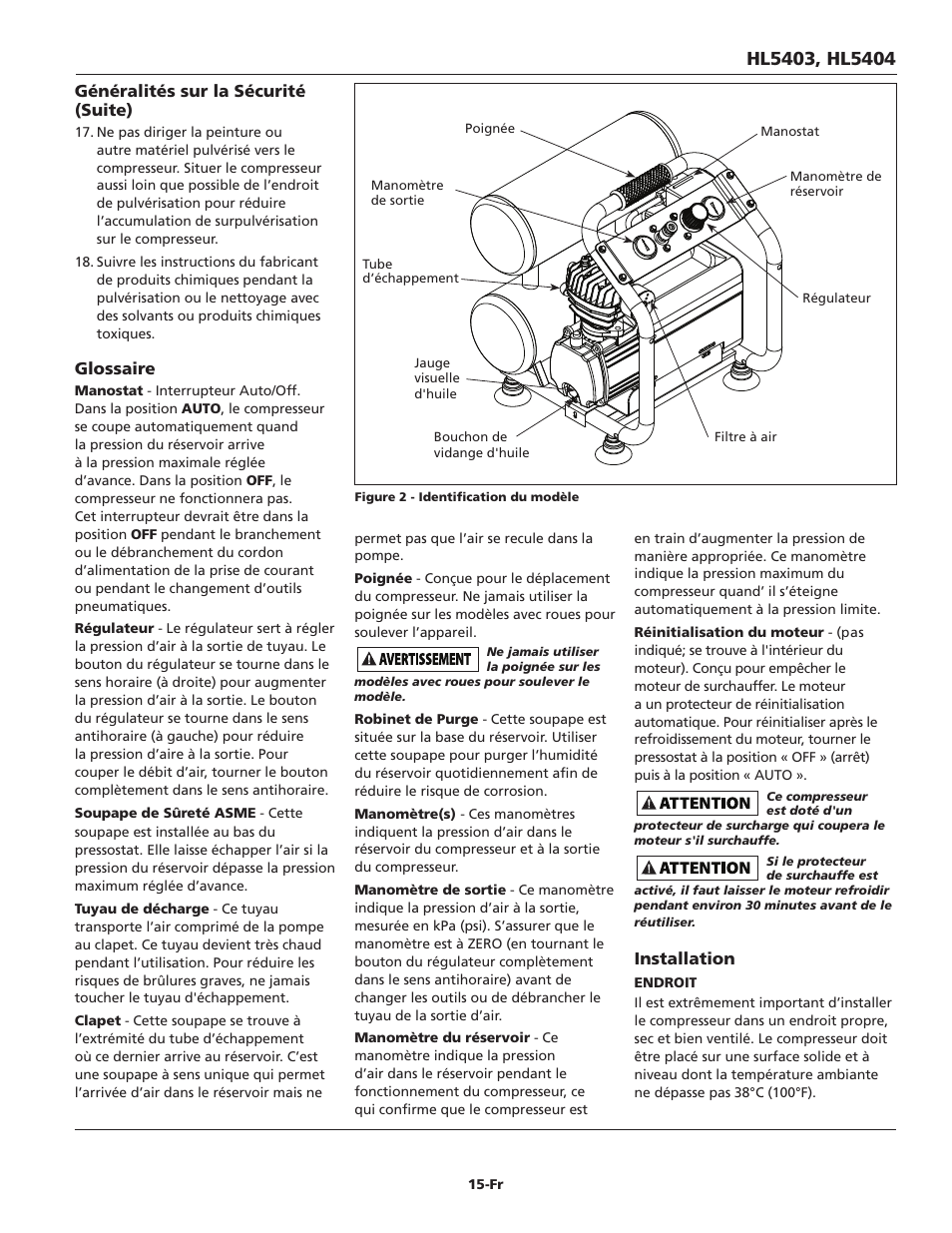 Glossaire, Généralités sur la sécurité (suite), Installation | Campbell Hausfeld Oil-Lubricated Compressor HL5403 User Manual | Page 15 / 36