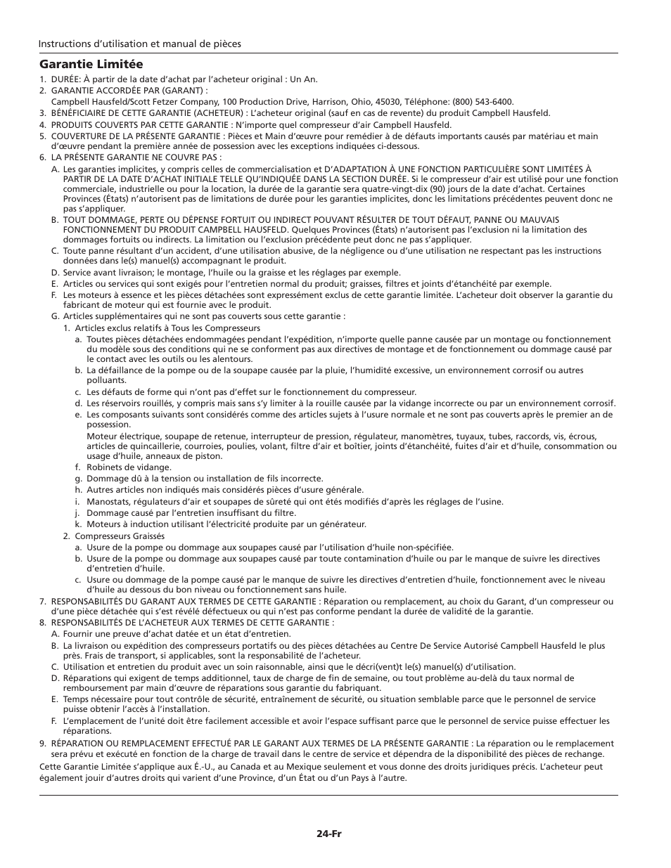 Garantie limitée | Campbell Hausfeld Oil-Lubricated Compressor HL5403 User Manual | Page 24 / 36