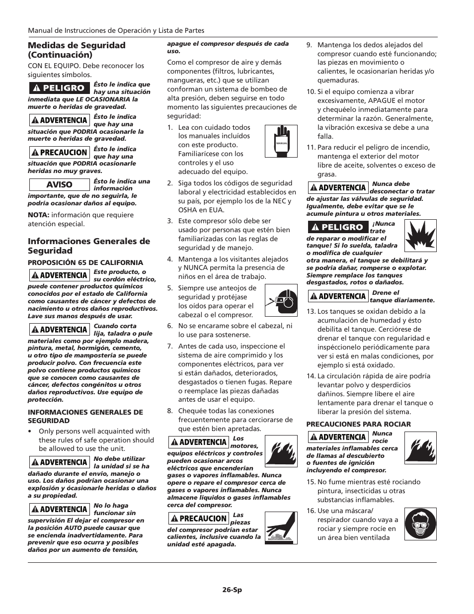 Informaciones generales de seguridad, Medidas de seguridad (continuación) | Campbell Hausfeld Oil-Lubricated Compressor HL5403 User Manual | Page 26 / 36
