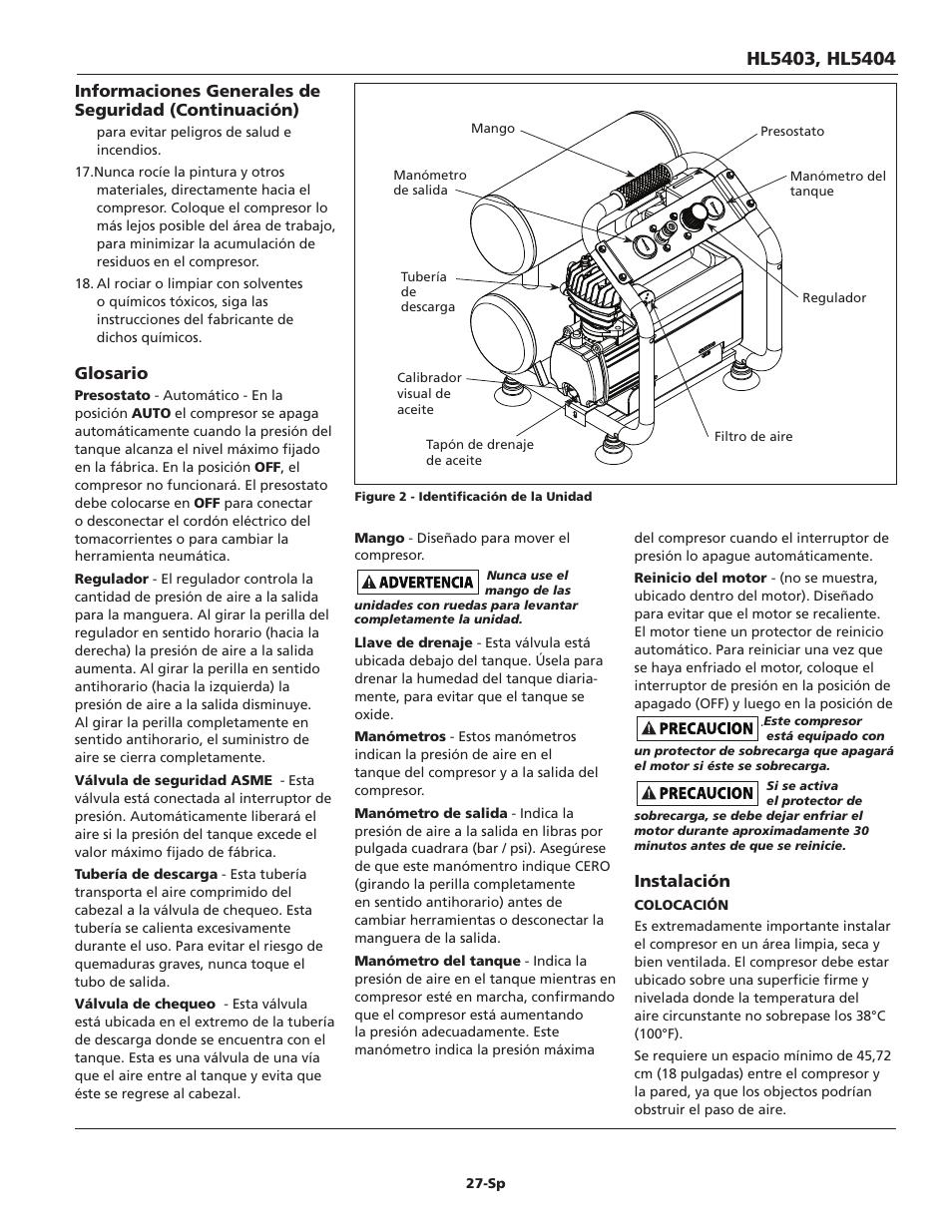Glosario, Instalación | Campbell Hausfeld Oil-Lubricated Compressor HL5403 User Manual | Page 27 / 36