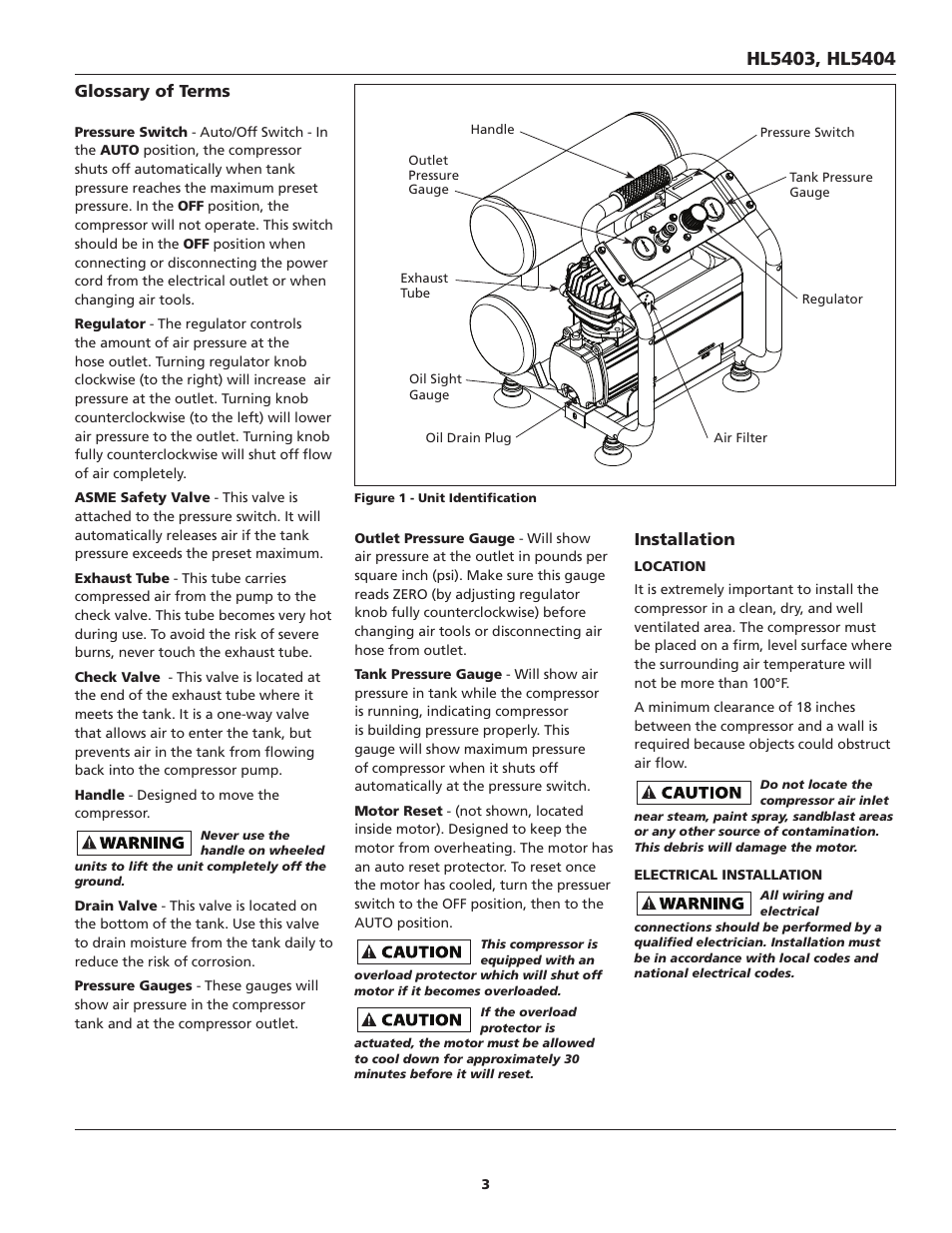 Glossary of terms, Installation | Campbell Hausfeld Oil-Lubricated Compressor HL5403 User Manual | Page 3 / 36
