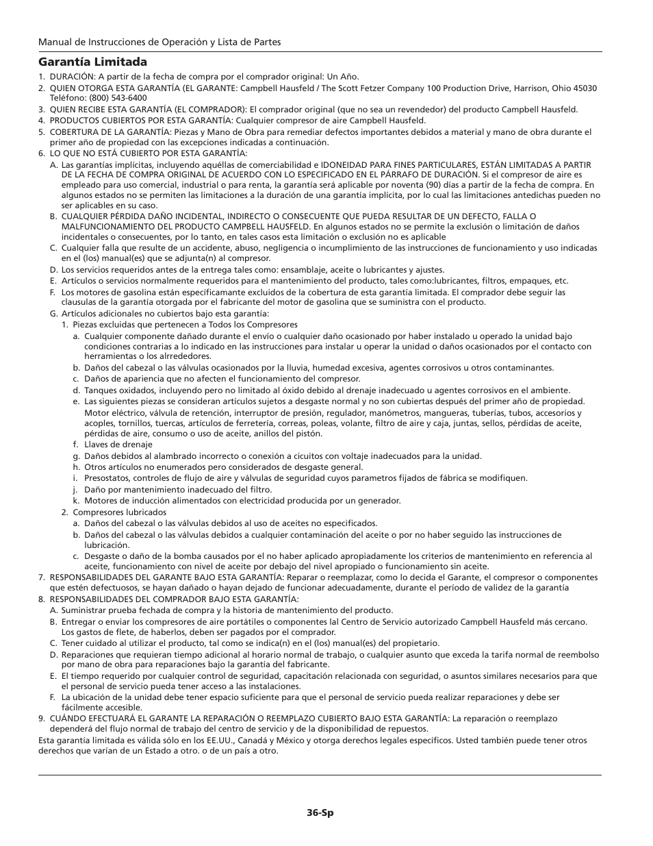 Garantía limitada | Campbell Hausfeld Oil-Lubricated Compressor HL5403 User Manual | Page 36 / 36