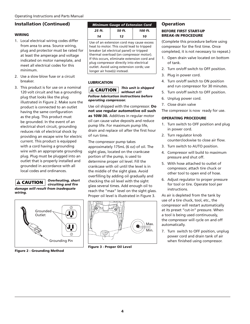 Installation (continued), Operation | Campbell Hausfeld Oil-Lubricated Compressor HL5403 User Manual | Page 4 / 36