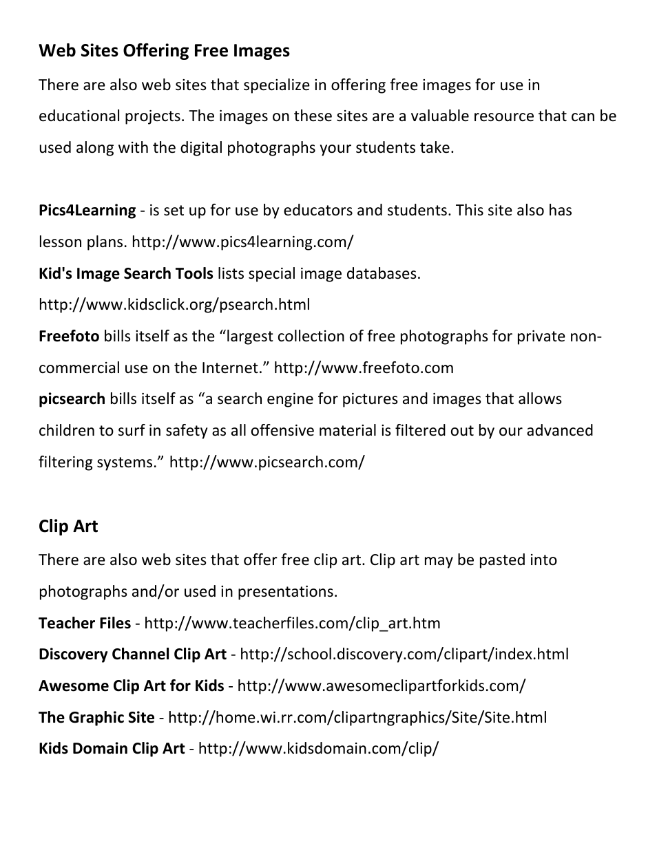 Web sites offering free images, Clip art | Hamilton Buhl Hamilton HDV5200 Curriculum User Manual | Page 20 / 20