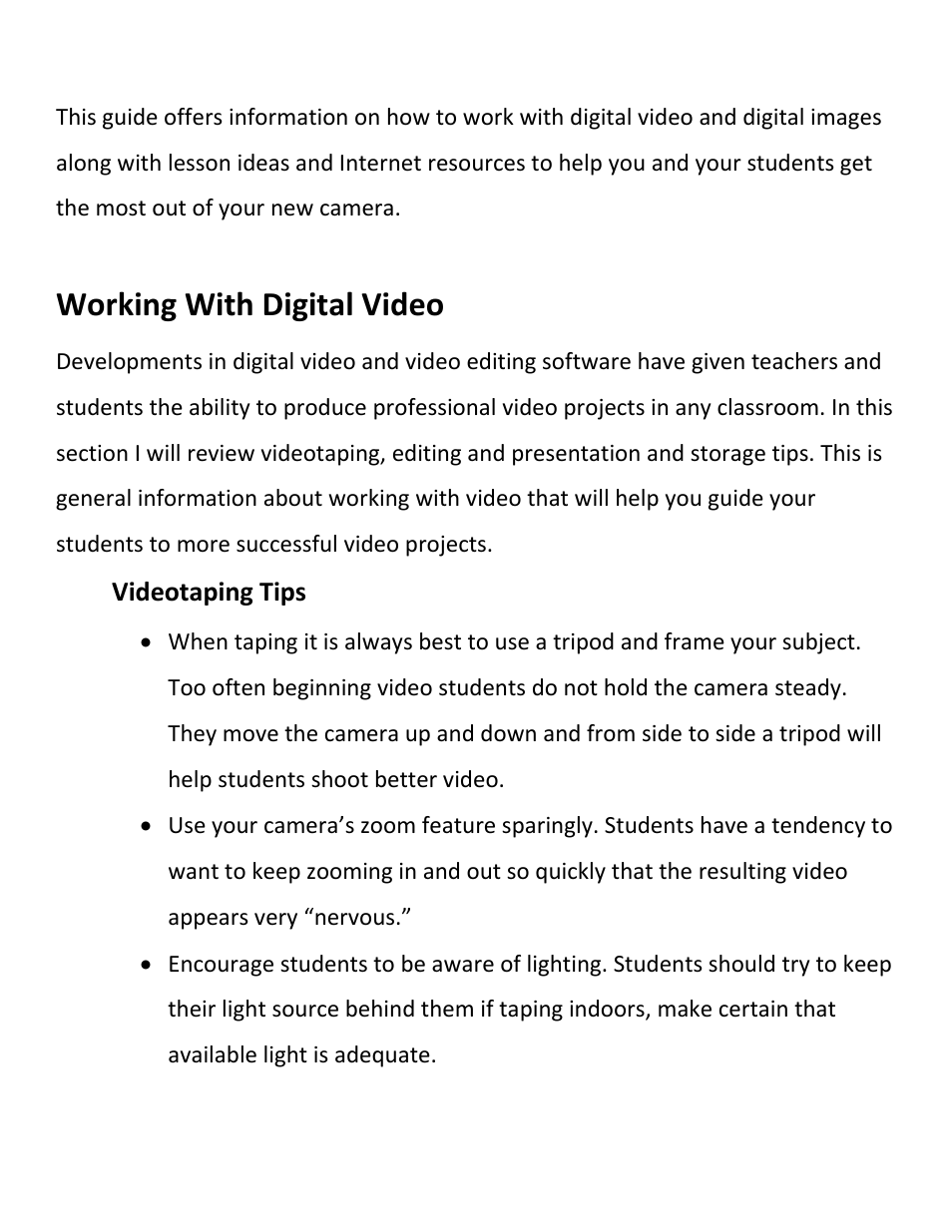 Working with digital video, Videotaping tips | Hamilton Buhl Hamilton HDV5200 Curriculum User Manual | Page 3 / 20