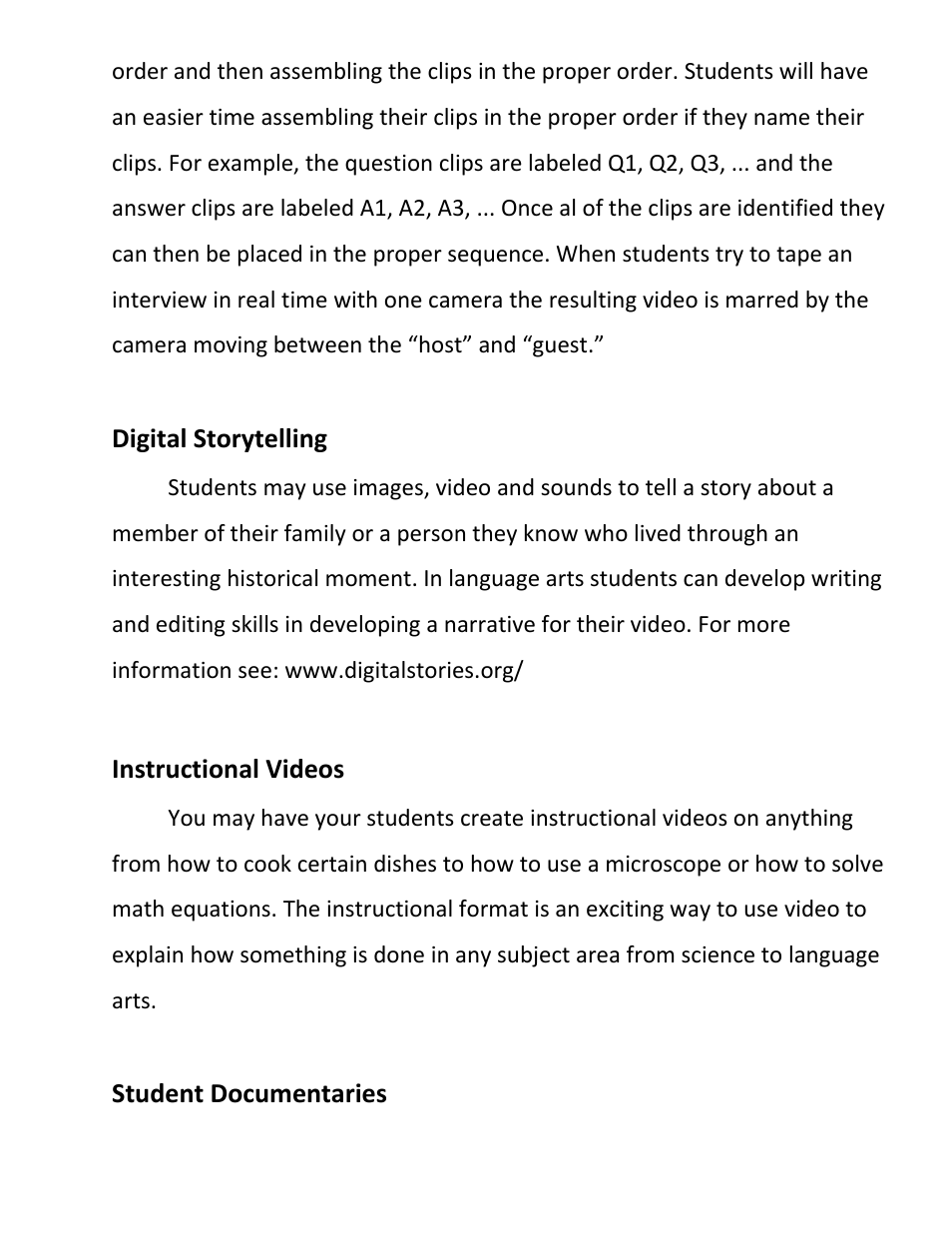 Digital storytelling, Instructional videos, Student documentaries | Hamilton Buhl Hamilton HDV5200 Curriculum User Manual | Page 8 / 20
